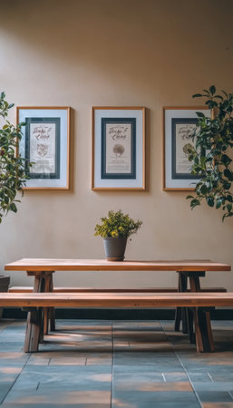 Rustic Dining Area. Wooden Table, Bench, Picturesque Wall Decor. Stylish Interior Design Element.の素材