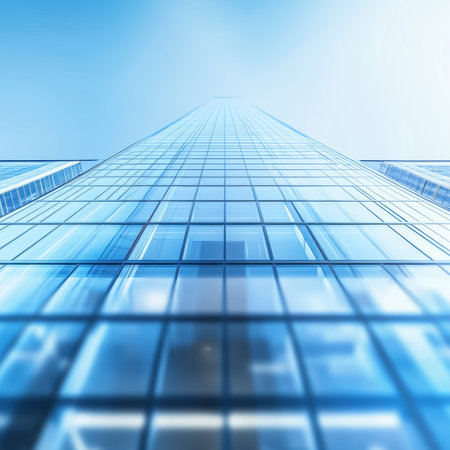 Modern Architecture Glass Skyscraper Facade, Perspective, Corporate Building, Cityscape, Blue Skyの素材