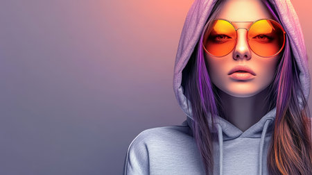 Close-Up Portrait of a Young Stylish Woman with Purple Hair, Sunglasses, and a Hoodieの素材