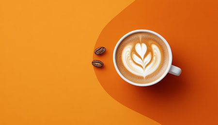 Centered Latte Art Steaming White Cup on Vibrant Orange Geometry, Romantic Coffee Lovers Delightの素材