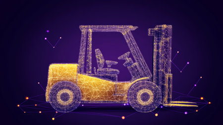 Abstract Wireframe Forklift on Purple Background Industrial Technology and Logistics Conceptの素材