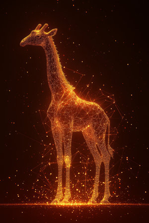 Digital Giraffe on Orange Technology Background, Abstract Wildlife Symbol, Lines, Connected Dotsの素材