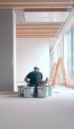 Construction Worker Taking Break, Sitting on Paint Buckets in Renovated Interior Space.の素材