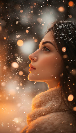 Winter Wonderland, Portrait of a Woman Enjoying Falling Snow Under Twinkling Holiday Lightsの素材