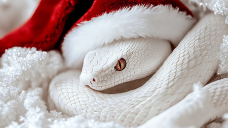 White Snake with Red Eyes Wearing a Santa Hat, Nestled in White, for Christmas or New Yearの素材