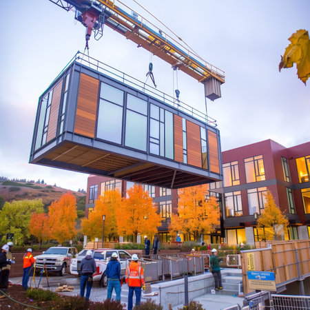 Modular Construction Crane Precisely Places Prefabricated Unit at Modern Apartment Building Siteの素材