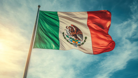 Mexican Flag Waving, National Symbol of Mexico Against Cloudy Sky, Patriotism and Identityの素材