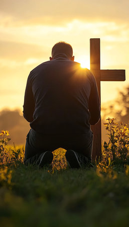 Silhouetted Man in Prayer at Wooden Cross During Golden Sunset, Finding Peace and Remembranceの素材