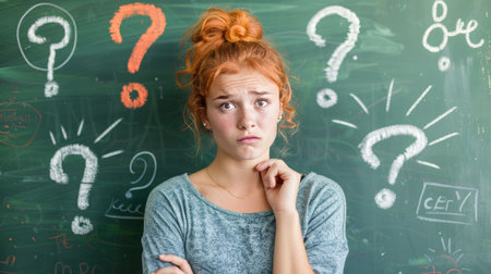 Confused Young Woman With Question Marks On Chalkboard, Doubtful Expression, Education Conceptの素材