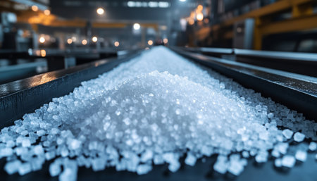 White Granulated Sugar Moving Along Conveyor Belt in a Food Processing Plant or Factoryの素材
