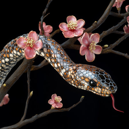 King Rat Snake on a Branch with Pink Blossom Flowers. Beautiful Reptile, Nature Photographyの素材