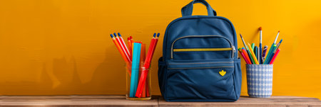 Back to School Blue Backpack, Colorful Pencils, and Paintbrushes on Desk Against Yellow Wallの素材