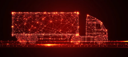 Red Glowing Wireframe Of A Lorry Truck On Black Background. Global Shipping And Delivery Concept.の素材