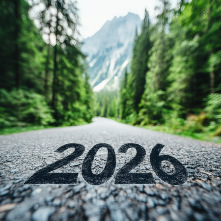 Road To 2026 Scenic Asphalt Path Winds Through Lush Forest, Leading Towards Majestic Mountains.の素材