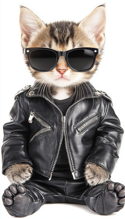 Adorable Kitten in Black Leather Jacket and Sunglasses, Isolated on White Background.の素材