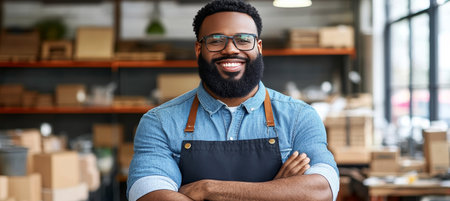 Portrait Of A Confident Black Male Business Owner In His Retail Store, Arms Crossed And Smilingの素材