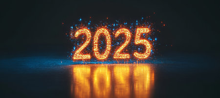 Sparkling 2025 Text with Embers on Dark Background New Year Celebration, Festive Design Elementの素材