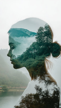 Double Exposure Portrait of a Woman Merging with a Serene Mountain Landscape Under a Cloudy Skyの素材