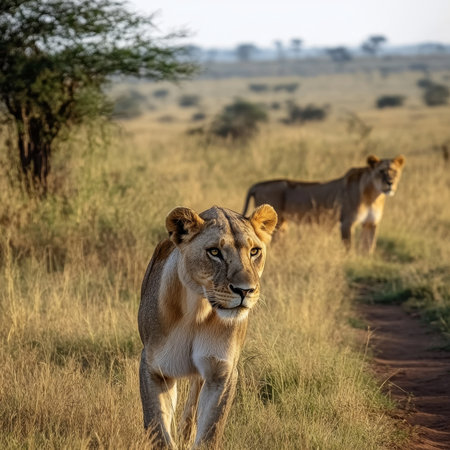 Two Lionesses On The Move, Walking Through Tall Grass, African Wildlife Safari, Landscape Viewの素材