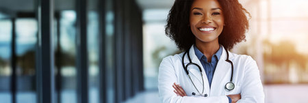 Confident African American Female Doctor With Stethoscope Smiling in Modern Hospital Corridorの素材
