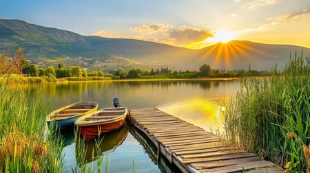 Serene Sunset over Lake with Boats, Wooden Dock, and Mountains, Scenic Landscape View.の素材