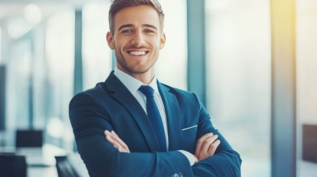 Portrait of a Confident Young Businessman in Modern Office. Corporate Success Concept.の素材