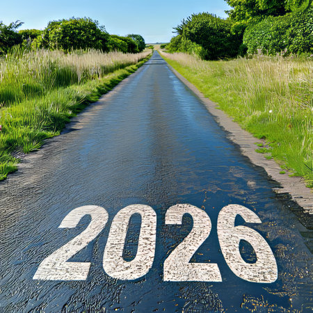 2026 New Year Resolution on Rural Road To Horizon, Future, Goals and New Beginnings Conceptの素材