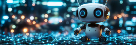 Cute AI Robot in Futuristic Cityscape with Glowing Neural Network, Artificial Intelligence Conceptの素材