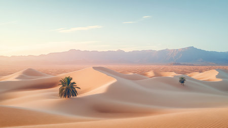 Golden Sunrise Illuminates Majestic Sand Dunes in a Vast Desert Landscape with Solitary Palm Trees.の素材