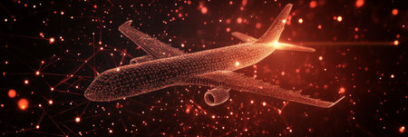 Abstract 3D Airplane Flying Through Digital Network Connections, Technology and Travel Conceptの素材