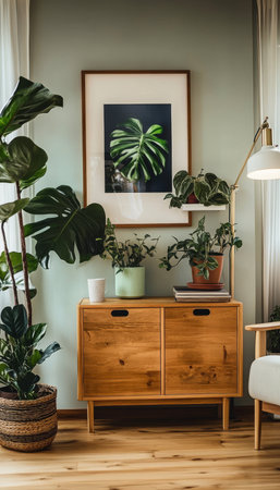 Urban Jungle Cozy Living Room Interior With Wooden Furniture And Various Green Houseplants.の素材