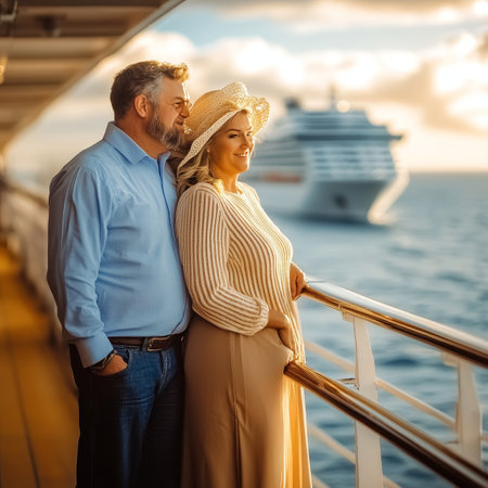 Mature Couple In Love Enjoying Romantic Sunset On Cruise Ship, Vacation And Travel Concept.の素材