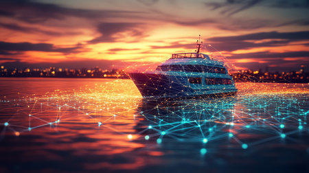 Luxury Yacht Sailing at Sunset with Futuristic Network Connection, Symbolizing Maritime Innovation.の素材