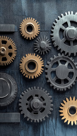 Close-up View of Interlocking Metal Gears on a Textured Blue Background. Industrial Concept Imageの素材
