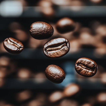 Freshly Roasted, Dark Roasted Floating Coffee Beans High Resolution Food Photographyの素材