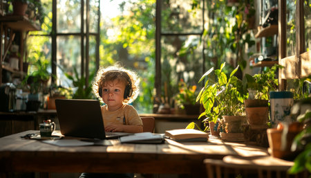 Young Boy with Headphones Engaged in Online Learning at Home, Surrounded by Greenery.の素材
