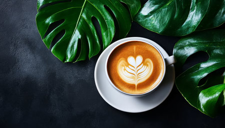 Steaming Cappuccino with Latte Art, Surrounded by Lush Tropical Monstera Leaves on a Dark Backgroundの素材