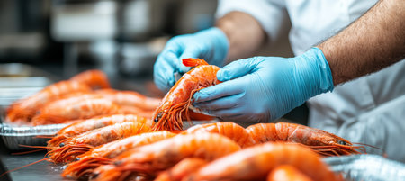 Chef Preparing Fresh Shrimp for a Delicious Seafood Dish in a Professional Restaurant Kitchenの素材