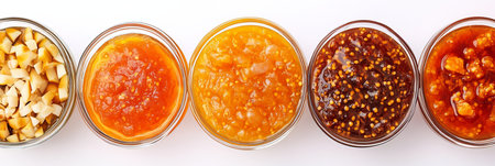 Five Glass Bowls Filled with an Assortment of Homemade Sweet and Savory Food Preserves, Top Viewの素材