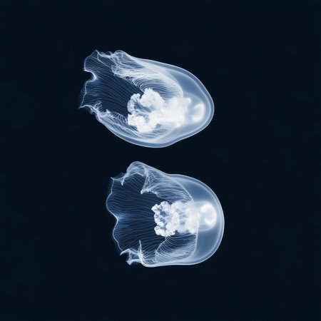 Two Ethereal Transparent White Jellyfish, Isolated on Black, Marine Life, Deep Sea Creaturesの素材