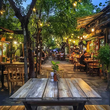 Outdoor Restaurant Seating With String Lights, Creating a Romantic Ambiance at Twilight.の素材