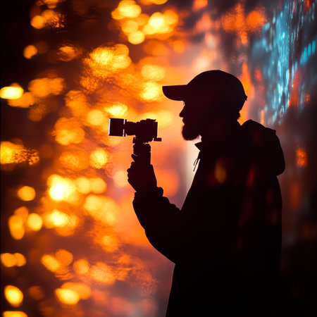 Silhouette, man, digital camera, video, colorful abstract, defocused, bokeh backgroundの素材