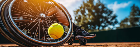 Close-Up of Wheelchair and Tennis Ball on Clay Court Sports, Recreation, and Determinationの素材