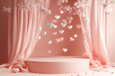 Pink Podium With Flying Hearts Ideal Background For Valentines Day Or Romantic Products Displayの素材