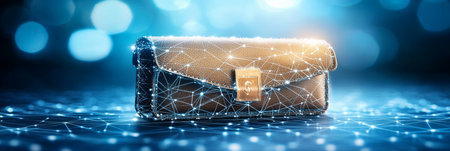 Digital Wallet Brown Leather Securely Connected Over Glowing Network in Abstract Spaceの素材