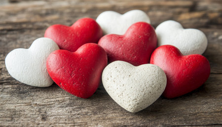 Red and White Decorative Hearts on Rustic Wood Background. Valentines Day, Love, Romance Conceptの素材