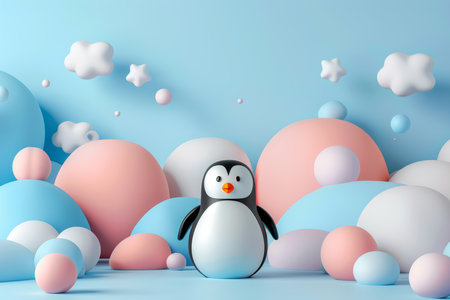 Cute Penguin in a Pastel Dreamland, Surrounded by Colorful Pink and Blue Balloons, 3D Renderの素材