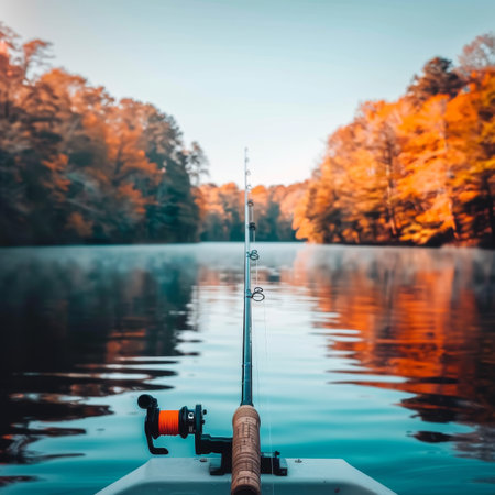 Autumn Fishing, Tranquil Lake, Scenic Fall Foliage, Peaceful Retreat, Relaxing Hobby.の素材