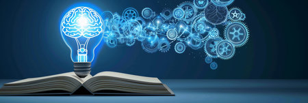 Light Bulb with Brain and Gears on Open Book Symbolizing Knowledge, Learning, and Creativityの素材