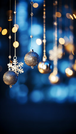 Silver and white Christmas ornaments and string lights against a blue bokeh background.の素材
